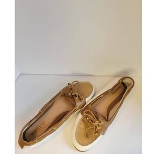 Women's Sperry Top Sider White Leather and Khaki Slip On Boat Shoes US 9.5M